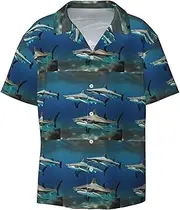 [HVTTIOR] Hammerhead Sharks Print Short Sleeve Shirt Cuban Collar Beach Casual Style Summer Vacation Relaxed Fit