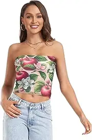 [RPLIFE] Red Apples Blossoming Flowers Cropped Tube Top Strapless Crop Top for Women, Sheer Tube Tops, Sexy Tube Tops (S)