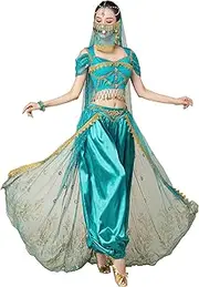 [ORIDOOR] Women's New Aladdin Jasmine Princess Belly dance Halloween Costume Set Belly Dance for Dress Up Party 5 Piece Outfit