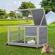 Wooden 36Inches Rabbit Hutch Indoor with Wheels Bunny Cage Outdoor Durable Wide Space Rabbit Cage with Tray, Openable Roof, Anti-Slip Ramp for Small Bunny Rabbit (Grey)