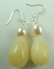 Yellow Jade Briolette Earrings Freshwater Pearls Handmade Jewelry
