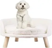 Cat Sofa Chair Bed: Elevated Nordic Pet Stool Bed with Removable Waterproof Mat - Raised Plush Fur Dog Kitten Couch with Wooden Legs Frame (Dia 60cm)