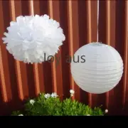 12x White paper lanterns paper pom poms wedding birthday baby shower party decor