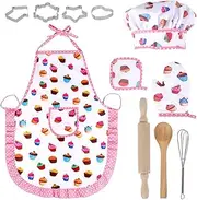 11 Pcs Kids Cooking Baking Set Children Pretend Play Kitchen Dress Up Chef Role Play Costume Toy Cookware Set with Apron Chef Hat Cooking Utensils for Toddler Little Boys Girls Christmas