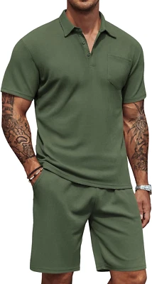 COOFANDY Men'S Waffle Knit Polo Shirt and Shorts Set 2 Pieces Outfits Summer Sui