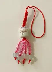 1 pc Ceramic Maneki Neko Macrame Strap Charm for Cell Phone Handbag or Handfan