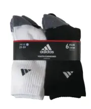 Adidas 6 Pair Youth Crew Socks Size Medium For Shoe Size 2Y-5Y White Black Onix