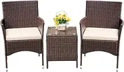 Devoko Patio Porch Furniture Sets 3 Pieces PE Rattan Wicker Chairs with Table Outdoor Garden Furniture Sets (Brown/Beige)