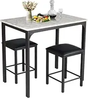 Giantex Modern 3PCs Dining Table & Chairs Set, White Marble-Style Top & 2 Bar Stools, Counter Height Breakfast Table for Home Hotel Dining Room Kitchen