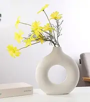 White Ceramic Vase Set, Donut Vase Rustic Beige Round Matte Pampas Flower Vases Nordic Minimalism Style Decoration for Living Room, Kitchen, Office, Home Decor Modern Art Vase (Big)