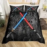 Lightsaber Bedding Set King Size 3D Neon Blue Red Duvet Cover Set 3Pcs Geometric Sun Moon Round Comforter Cover for Kids Boys Girls Teens Room Decor Fashion Vintage Stone Wall Quilt Cover,Black