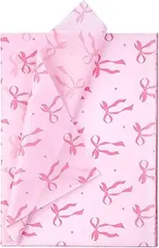 WRAPAHOLIC Pink Bow Tissue Paper - 60 Sheets 14 x 20 Inch Pink Ribbon Bow and Sparkling Stars Tissue Paper Bulk for Baby Showers Girls Birthday Art Craft Party Favor Decoration