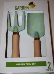 Garden Tool Set (2 Piece) Wooden Handle Green Floral Print Shovel & Rake - NEW