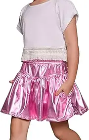 [Perfashion] Girls Metallic Skirts Built-in Shorts Sparkly Skort Alien Shorts 4-13 Years