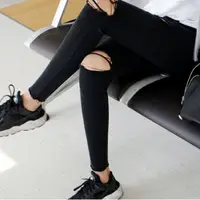 在飛比找蝦皮購物優惠-MSELECTSHOP 韓 韓國官網同款 高腰黑色破洞九分褲