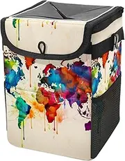 Car Trash Can with Lid and Storage Pockets Leak-Proof Organizer,Multipurpose Trash Bin for Car,Vintage Colorful World Map
