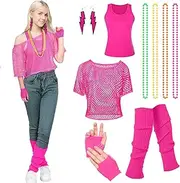 [Matreeglam] 80s Costumes Accessories 80s Fancy Dress for Women - 80s Costume Outfits Set with Fishnet T-shirt Vest Gloves Earrings Necklace Foot Covers for Women, 12 Pcs