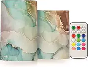 [ALAZA] Teal Ink Marble Flickering Flameless Candles Battery Operated with Remote Timer,Tea Light Candles LED Pillar Votive Candles Set of 2 for Outdoor Indoor Decorations