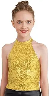[Loodgao] Kids Girls Cheerleading Sparkly Sequins Jazz Hip-hop Dance Shirts Sleeveless Halter Neck Tank Tops