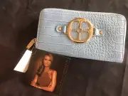Iman Classic Luxury Zip Around Wallet Croc Embossed Blue New w Tags