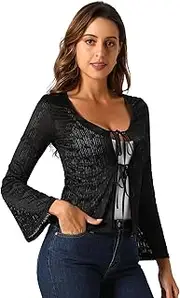 [Allegra K] Lace Shrug Top for Women's Tie Front Bell Long Sleeve Bolero Cardigan