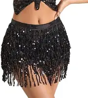 [Generic] Women's Sequins Tassel Skirts Shorts Booty Dance Festival Black