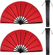 Nydotd 2 Packs Large Rave Fan Handheld Folding Fans Nylon Cloth Foldable with Holder Sleeve for Men and Women Performance Line Dance Chinese Kung Fu Tai Chi Decorations Festival Party Gift (Red)