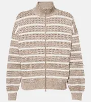 [Brunello Cucinelli] Brunello Cucinelli Sequined striped linen-blend cardigan AU 14 brown
