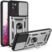 case For Samsung Galaxy S20 Fe Slide Camera Lens Protection and Built in 360 Rotatable Ring Holder - Silver