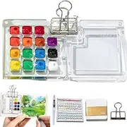 Portable Watercolor Palette Set, Pocket Artist Watercolor Travel Set, 8 Grids Mini Travel Paint Palette Set with Clip Tiny, Mini Watercolor Paint Set for Painters Students Artists Drawing(24 Colors 15