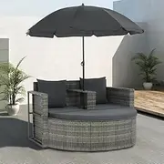 Outdoor Lounge Bed, Garden Sun Lounge Patio Sun Bed Lounger Day Bed Chaise Lounge 2 Seater Garden Sofa with Cushions and Parasol Grey Poly Rattan
