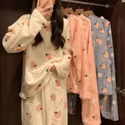 Pajama Set: Long-Sleeve Peach Print Fleece Top + Lounge Pants Pajama Set of 2 - Top & Lounge Pants - Peach Print - White - One Size