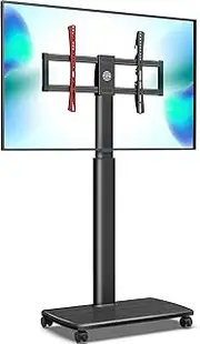 FITUEYES Mobile Tall TV Stand/Cart with Wood Base & Wheels Swivel Mount Height Adjustable for 32 to 65 inch Screen(Black)