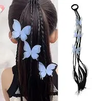 Girls Braiding Hair Extension Ponytail Holders Hair Accessories for Teens Twist Braid Hair Rope Hairpiece Cosplay Dress Up Wigs Hair Bands Blue Butterfly Hair Extensions with Elastic Rubber Band