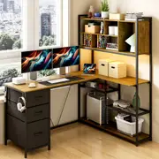 Advwin L Shaped Gaming Desk with LED Lights Reversible 148cm Computer Corner Desk with Storage Drawers and Bookshelf Walnut