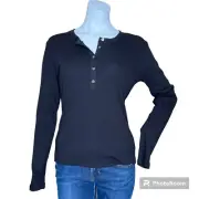 Theory Women Long Sleeve Henley Tee In Ribbed Modal Cotton Black Shirt Sz L NWT