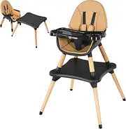 Baby Joy 5-in-1 High Chair, Convertible High Chairs for Babies & Toddlers/Booster Seat/Table & Chair Set, Infant Wooden Highchair w/ 5-Point Harness, 4-Position Removable Tray & PU Cushion (Coffee)