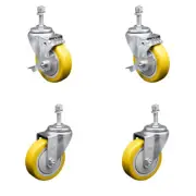4 Inch SS Yellow Poly Swivel 3/8 Inch Threaded Stem Caster Set 2 Brake SCC