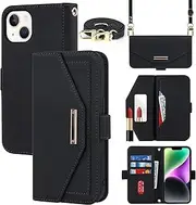 Cavor Crossbody Wallet Case for iPhone 14 Case (6.1") Flip Cover Magnetic Leather Women Handbag Card Slots Holder Zipper Kickstand Purse with Detachable Shoulder Necklace Lanyard Strap-Black