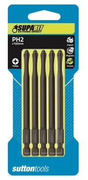 Sutton Tools Impact Driver Bits 100mm PH2 Phillips Magnetic SupaBit S15102100