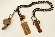 Alcatraz Island Jailer Guard Cell Key Brass Tag, #, & Whistle Rustic Antique