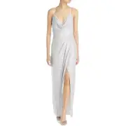 NWT AIDAN MATTOX Silver Multi Cowl Neck Sequin Strappy Column Gown Size 4