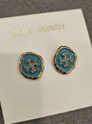 New Tory Burch Enamel Earring Rare Design Blue Green Seafoam
