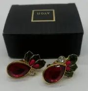 Vintage Avon Christmas Mistletoe Clip Earrings Goldtone Red New In Box