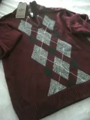 Boys Dockers Sweater Size 8 Wine Argyle Cotton New