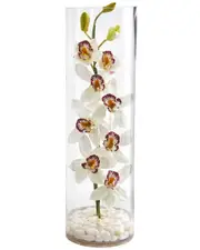 Nearly Natural Cymbidium Orchid Artificial Arrangement in Tall Cylinder Vase