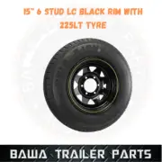 SUNRAYSIA BLACK 15" - 6 STUD WHEEL WITH 225R15 LT TYRE ! Trailer Parts