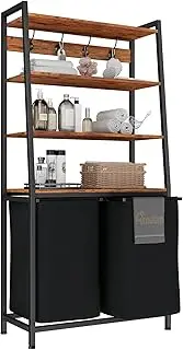 Furnulem 4 Tiers Laundry Hamper with Shelf and Hooks, Tall Basket Sorter 2 Removable Bags, Ladder Shelves Clothes for Room Bathroom Bedroom Rustic Brown & Black (hp-004)