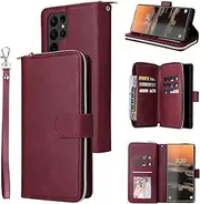 YocoverTech for Samsung S23 Ultra 5G Case, for Galaxy S23 Ultra 5G Wallet Case[9 Card Slots+1 Cash Slot] PU Leather Stand Flip Zipper Wallet Cover[6.8 inch]-Wine Red