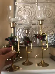 SET 3 Vtg INTERPUR Brass TRUMPET Bugle HORN Candle Holder Glass Votive NOS Xmas